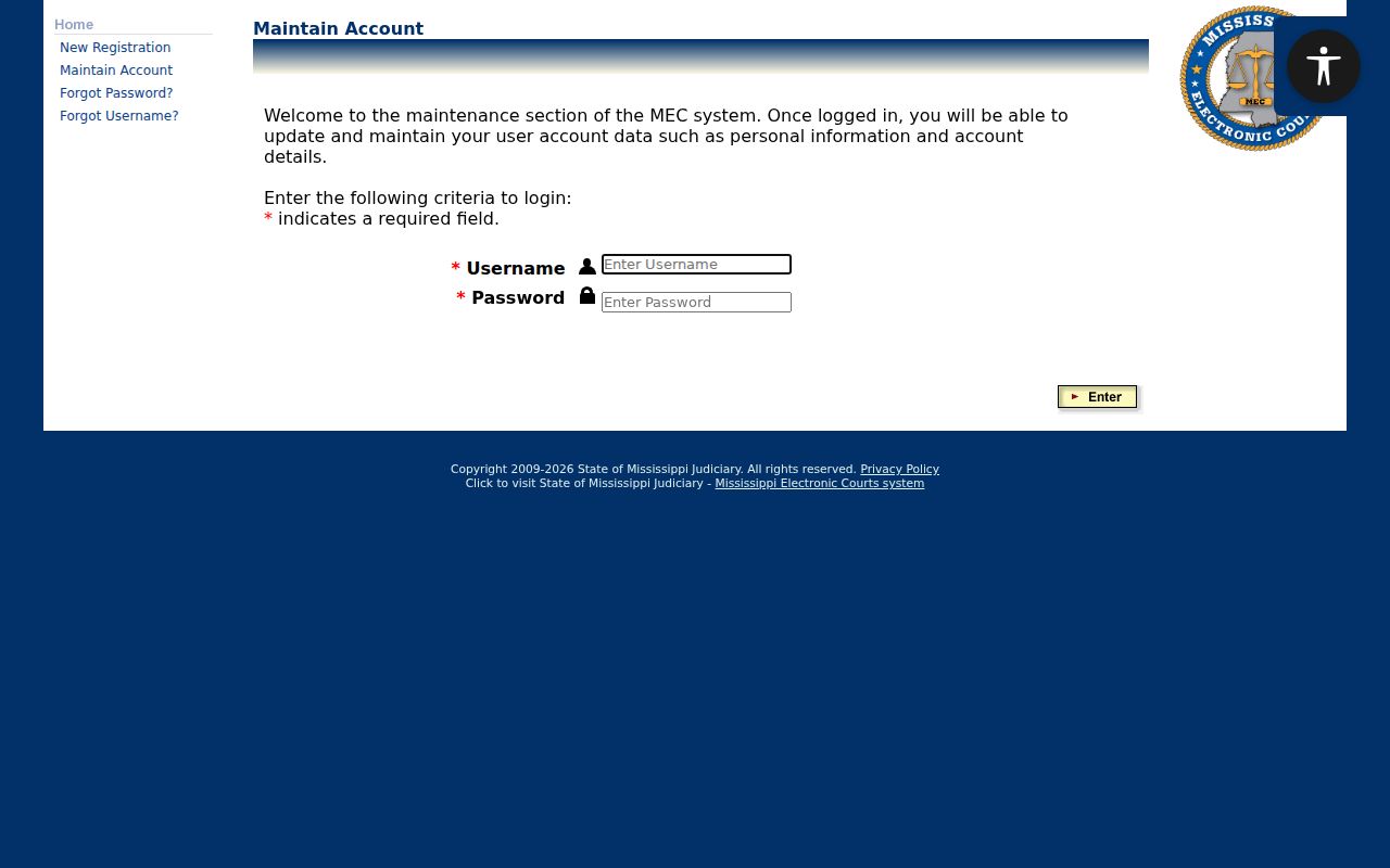 Coahoma County court docket PAMEC login screen with username and password fields