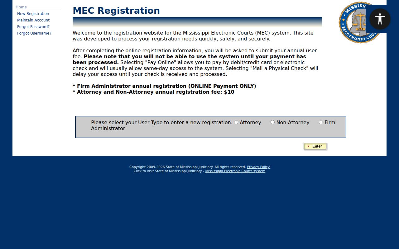 Coahoma County court docket PAMEC registration screen with public user type choices