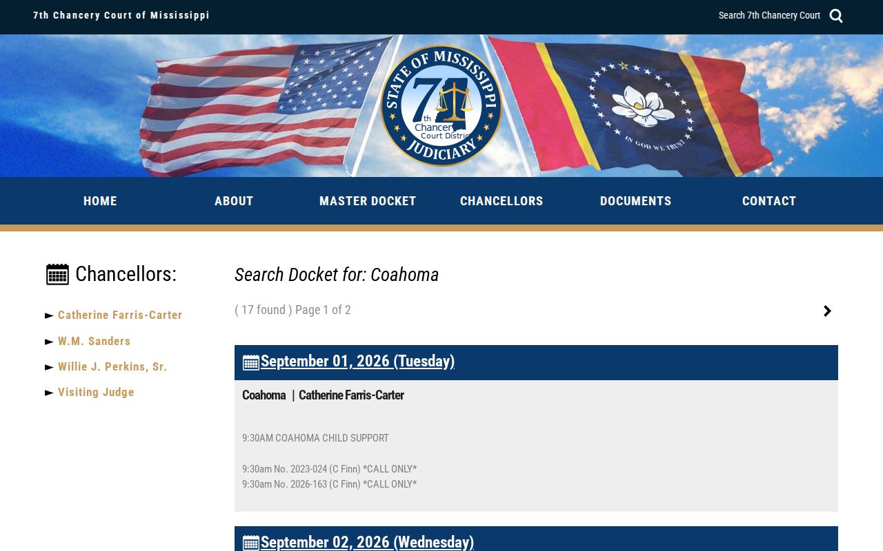 Coahoma County court docket 7th Chancery master-docket calendar listing